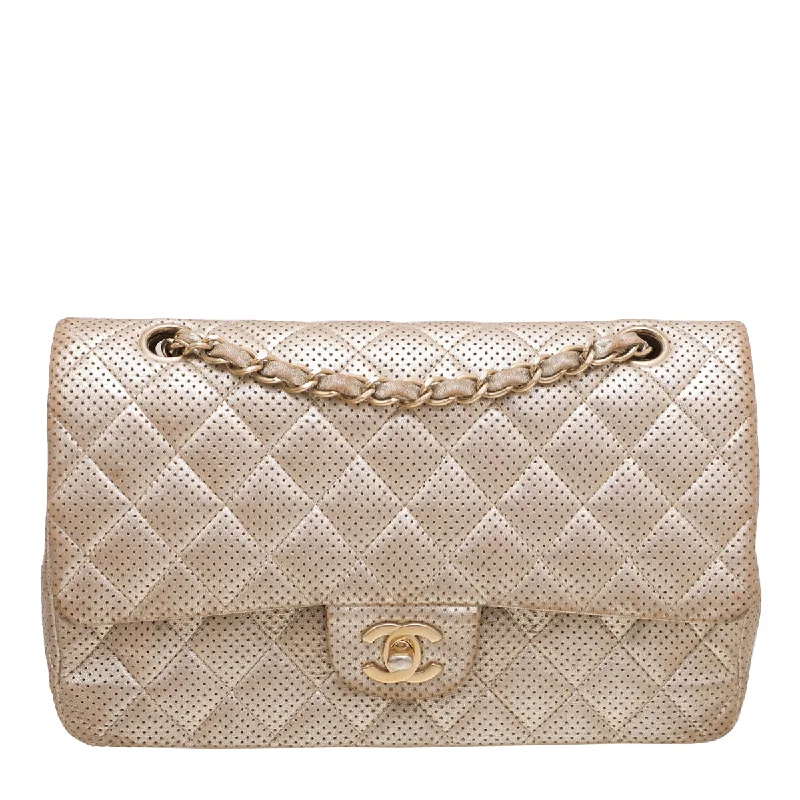 Chanel Small Crossbody Bag for TravelChanel Metallic Champagne Perforated Classic Double Flap Bag