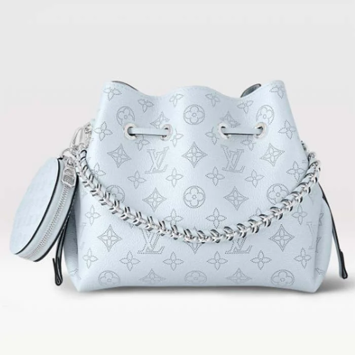 Louis Vuitton backpacks with a hidden back pocket for securityLouis Vuitton LV Women Bella Bucket Bag Olympe Blue Perforated Mahina Calf Leather