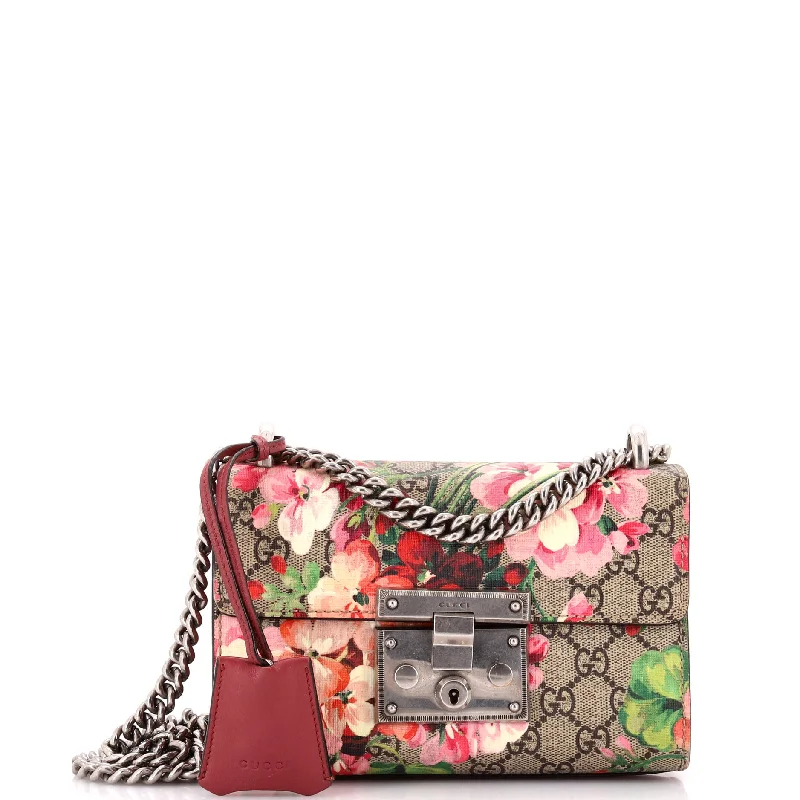 Women Gucci Sylvie bags featuring the signature web stripePadlock Shoulder Bag Blooms Print GG Coated Canvas Small