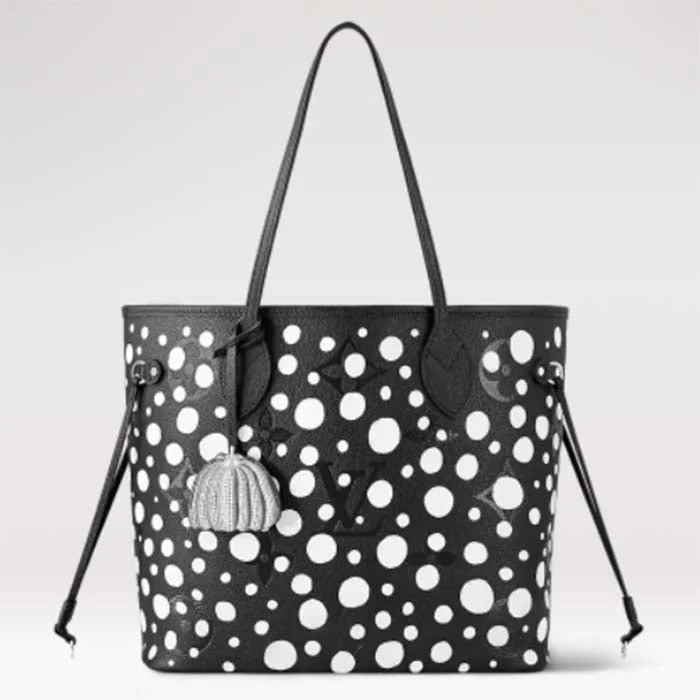 Ladies Louis Vuitton shoulder bags with a single - handle silhouetteLouis Vuitton Women LVxYK Neverfull MM Tote Black White Embossed Grained Monogram Empreinte Cowhide