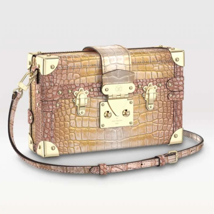 Louis Vuitton crossbody bags with adjustable shoulder straps for comfortLouis Vuitton LV Women Petite Malle Handbag Metallise Golden Hour Brilliant Alligator Leather