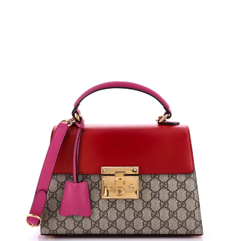 Women Gucci backpacks with a luxurious leather finishPadlock Top Handle Bag GG Coated Canvas and Leather Small