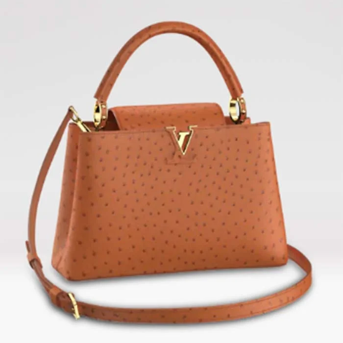 Louis Vuitton crossbody bags in a bold red color for a statementLouis Vuitton LV Women Capucines BB Orange Menthe Mint Ostrich Leather Monogram Flower