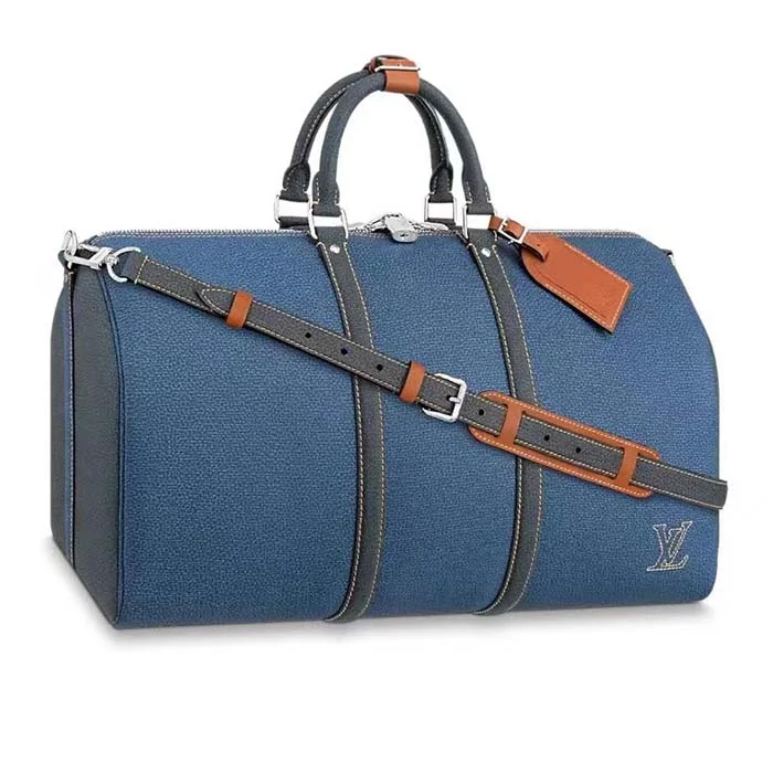 Louis Vuitton bags with a front - zip pocket for small items like keysLouis Vuitton LV Unisex Keepall Bandoulière 50 Travel Bag Denim Blue Cowhide Leather