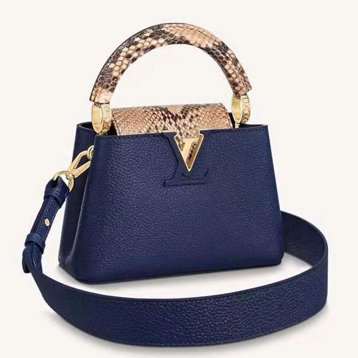 Louis Vuitton Speedy bags in monogram canvas for a classic lookLouis Vuitton LV Women Capucines Mini Handbag Navy Taurillon Leather Python Skin