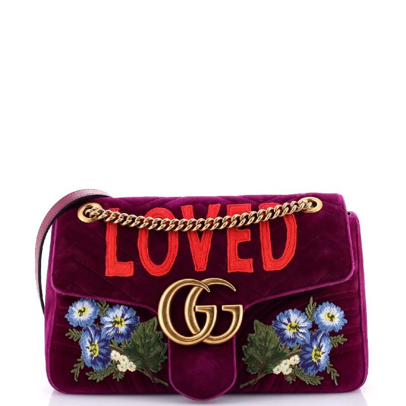 Women Gucci crossbody bags in a bold red colorGG Marmont Flap Bag Embroidered Matelasse Velvet Medium