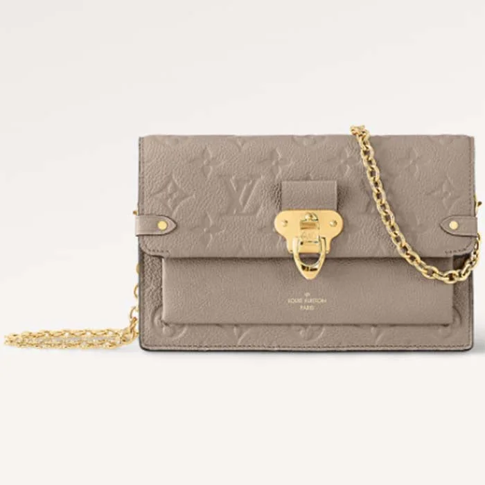 Ladies Louis Vuitton Petite Malle bags in a pastel color for a soft lookLouis Vuitton LV Women Vavin Chain Wallet Tourterelle Gray Embossed Cowhide Leather