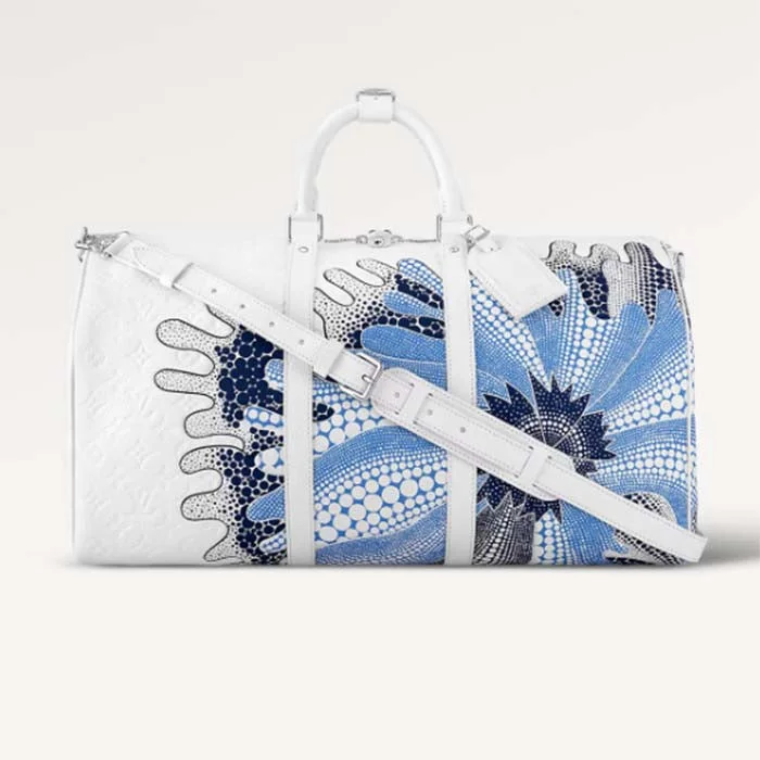 Louis Vuitton tote bags with a printed LV logo on the front for brand visibilityLouis Vuitton Unisex LV x YK Bandoulière Keepall 50 White Taurillon Monogram Cowhide Psychedelic Flower