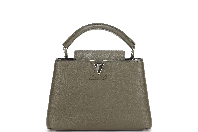 Louis Vuitton Alma bags with a detachable shoulder strap for versatilityLOUIS VUITTON M57227 CAPUCINES BB, KHAKI COLOR TAURILLON LEATHER SILVER HARDWARE, WITH STRAP & DUST COVER