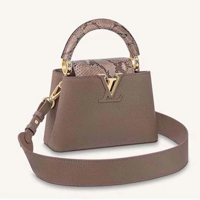 Louis Vuitton bags with a snap - button closure and a decorative charm for styleLouis Vuitton LV Women Capucines Mini Handbag Taupe Taurillon Python Leather