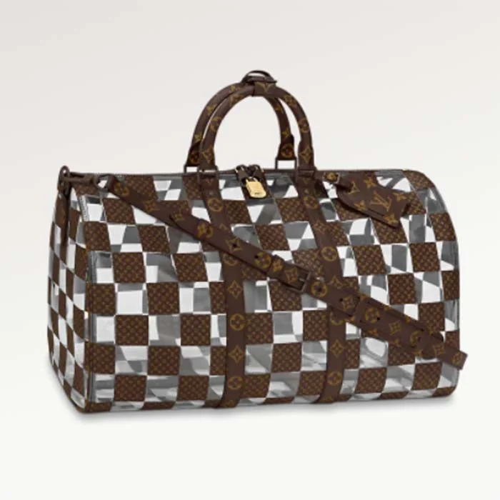 Louis Vuitton handbags with a patent - leather finish for a shiny lookLouis Vuitton LV Unisex Keepall Bandoulière 50 Travel Bag Monogram Chess Coated Canvas PVC