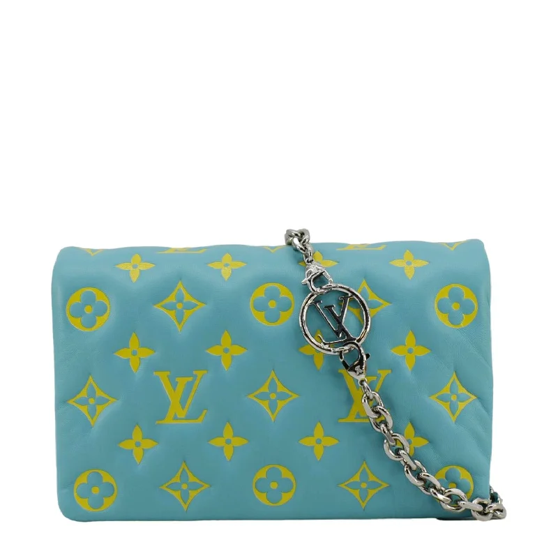 Louis Vuitton bags with a chain - link trim and a leather body for a modern edgeLOUIS VUITTON Coussin Pochette Monogram Embossed Leather Crossbody Bag Ice Blue