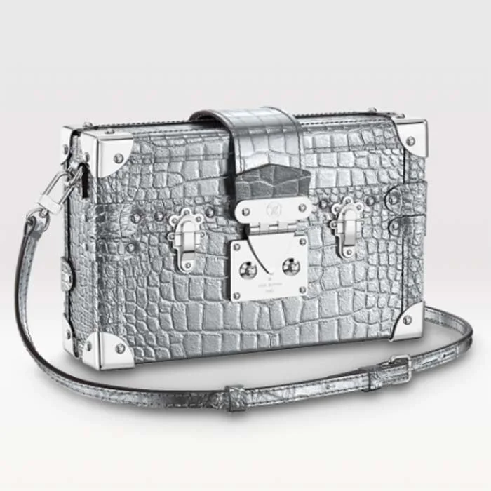 Louis Vuitton bags with a chain - link trim and a leather body for a modern edgeLouis Vuitton LV Women Petite Malle Handbag Metallise Froisse Silver Brilliant Alligator Leather