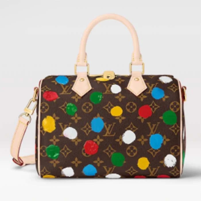 Ladies Louis Vuitton Capucines bags with a detachable shoulder strapLouis Vuitton Unisex LVxYK Speedy Bandoulière 25 Monogram Coated Canvas 3D Painted Dots Print