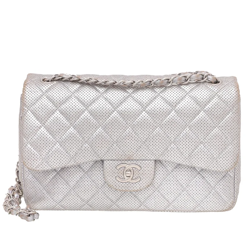 Chanel Quilted Leather Shoulder Bag for FashionistasChanel Silver CC Perforated Classic Double Flap Bag