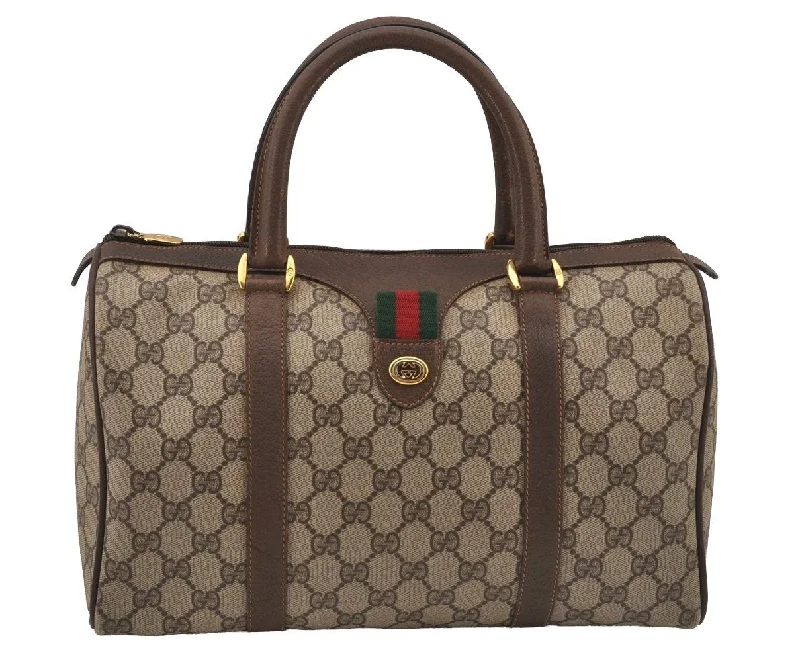 Gucci handbags for women with a metal - framed claspAuthentic GUCCI Web Sherry Line Hand Boston Bag GG PVC Leather Brown Junk 6887J