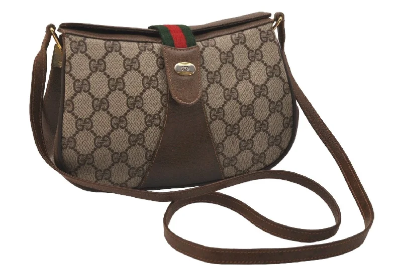 Women Gucci bags with a snap - button closure and a decorative charmAuthentic GUCCI Web Sherry Line Shoulder Cross Bag GG PVC Leather Brown 6729J