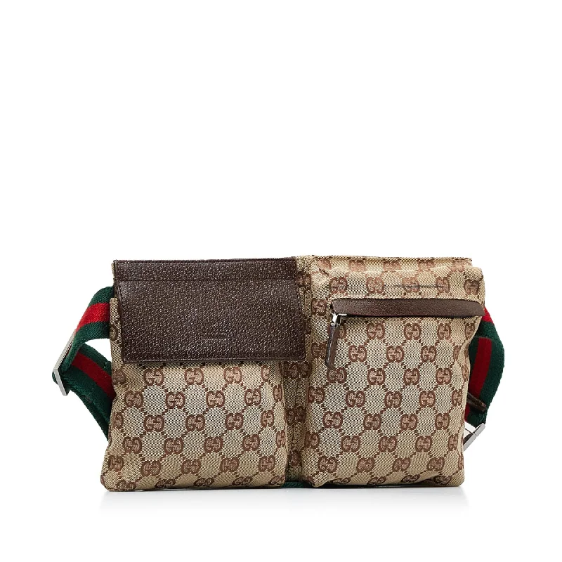 Women Gucci crossbody bags in a bold red colorGucci GG Canvas Web Double Pocket Belt Bag (SHG-YovxPn)