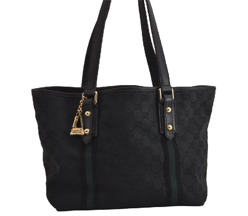 Women Gucci bags with a detachable mirror insideAuthentic GUCCI Sherry Line Tote Bag GG Canvas Leather 137396 Black 6842J