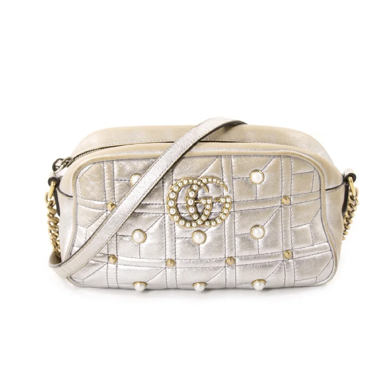 Women Gucci Sylvie bags with a detachable ribbon detailGucci GG Marmont Matelassé Silver Metallic Bag