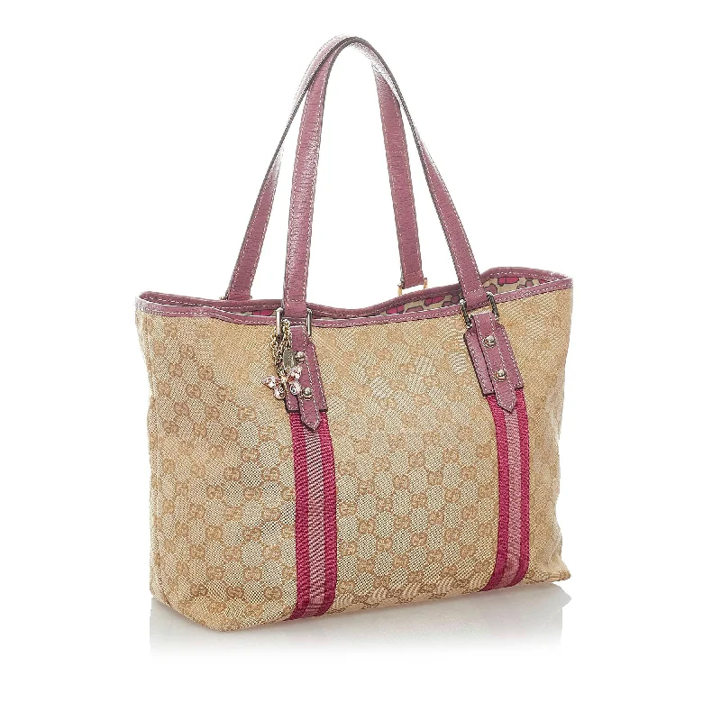 Women Gucci bags with a chain - link trim and a leather bodyGucci GG Canvas Jolicoeur Tote Bag (32059)