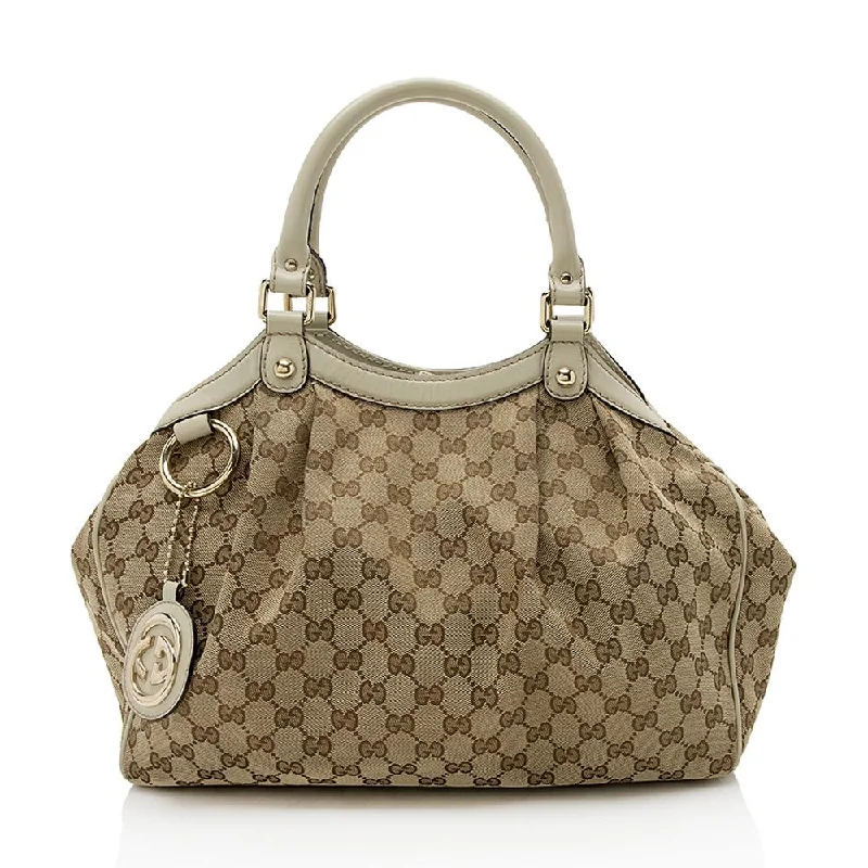 Ladies Gucci shoulder bags with a tassel decorationGucci GG Canvas Sukey Medium Tote (SHF-13099)