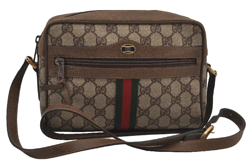 Gucci crossbody bags for women with adjustable leather strapsAuthentic GUCCI Web Sherry Line Shoulder Bag GG PVC Leather Brown Junk 6830J