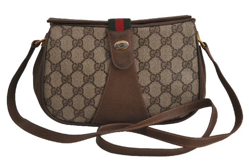 Gucci tote bags for women with a printed Gucci logoAuthentic GUCCI Web Sherry Line Shoulder Cross Bag GG PVC Leather Brown 6813J