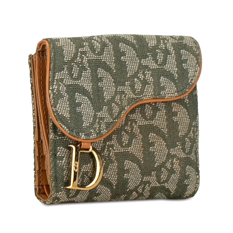 Contemporary Christian Dior handbags with a unique shapeDior Trotter Saddle Twin Fold Wallet Green Beige Canvas Leather  Dior